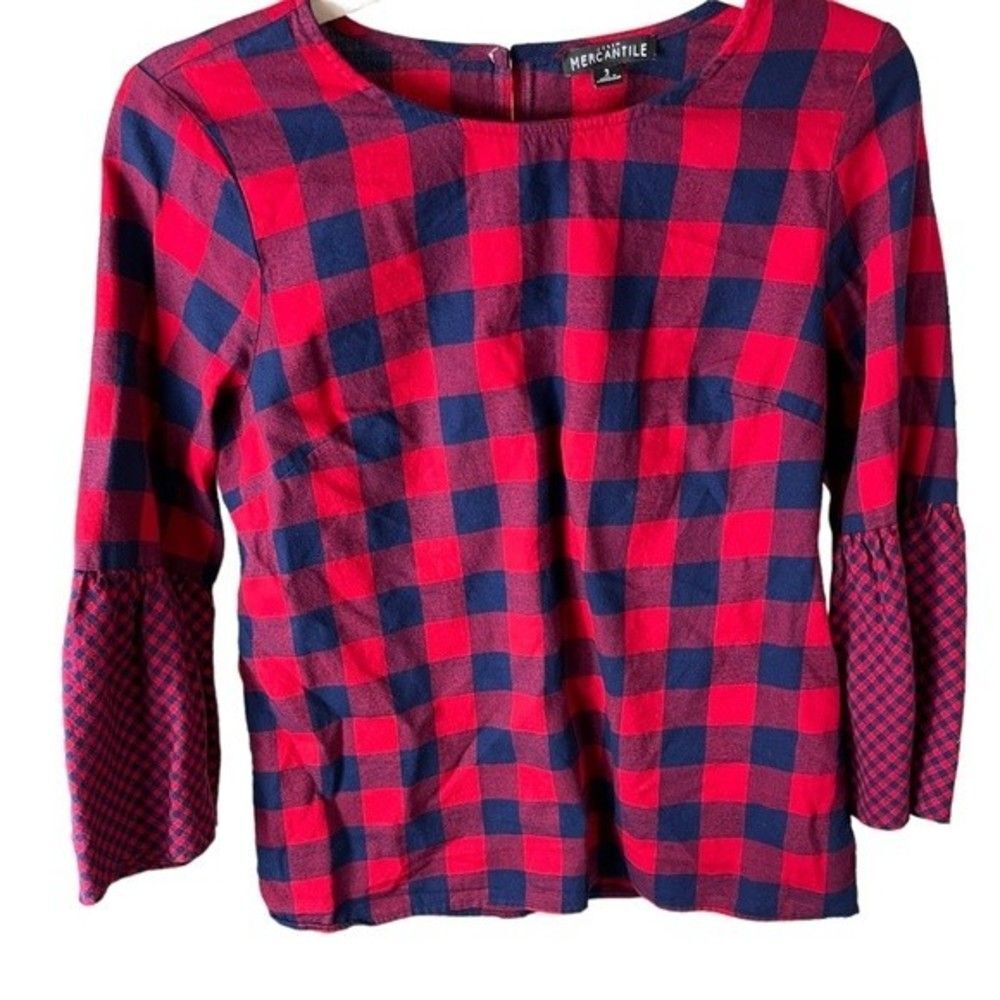 J. Crew Shirt 2 Womens Mercantile Gingham Buffalo Flannel Plaid Bell Sleeve Top